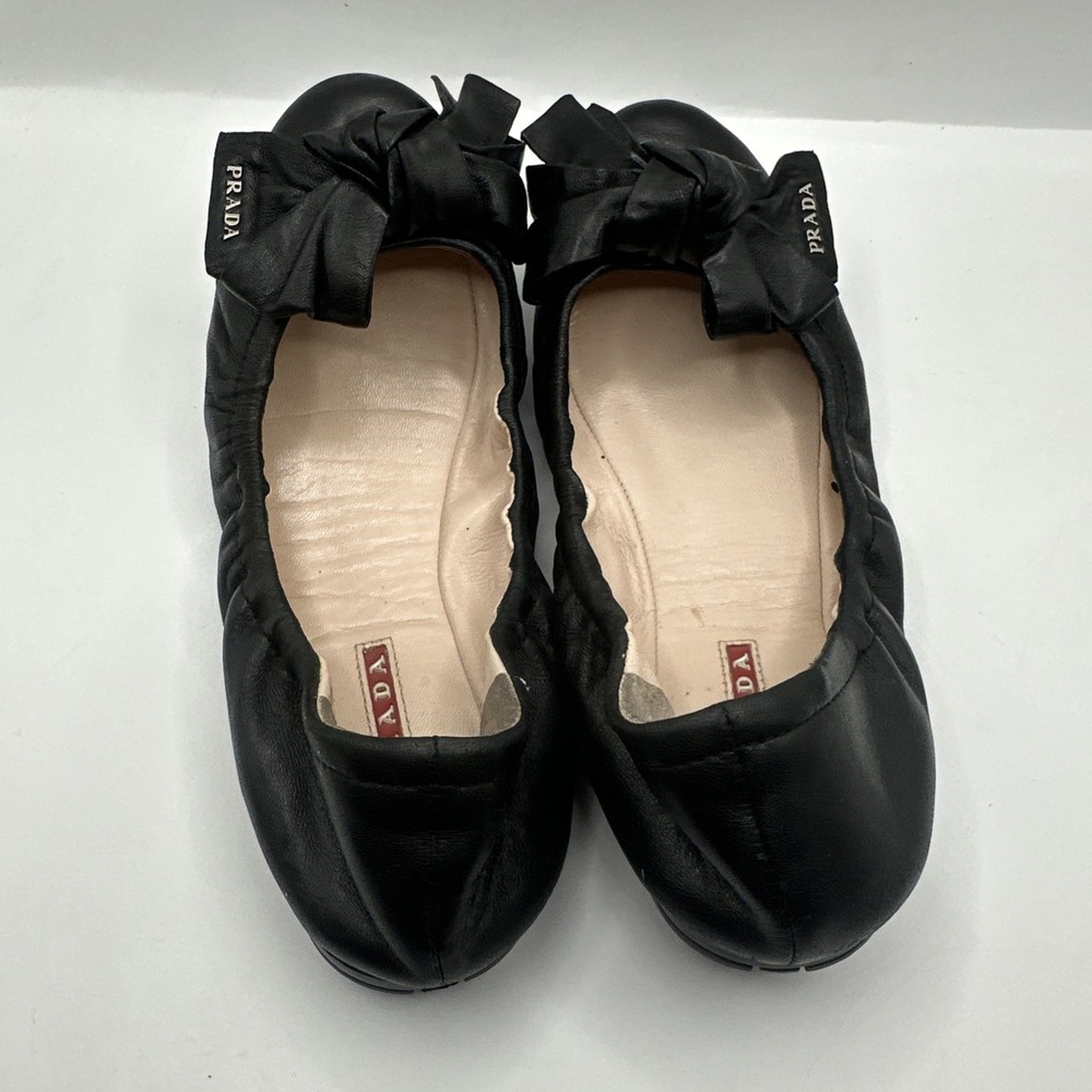 Prada Black Leather Bow Ballet Scrunch Flats 3F5440 Bow Size 36 1/2 - Picture 5 of 9